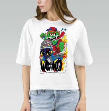 Монстр-гонщик с огненным болидом в мультяшном стиле, Футболка женская оверсайз Mido