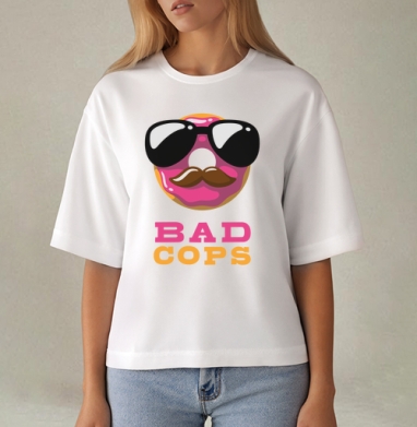 Стилизованный принт BAD COPS с пончиком и усами, Футболка женская оверсайз Mido
