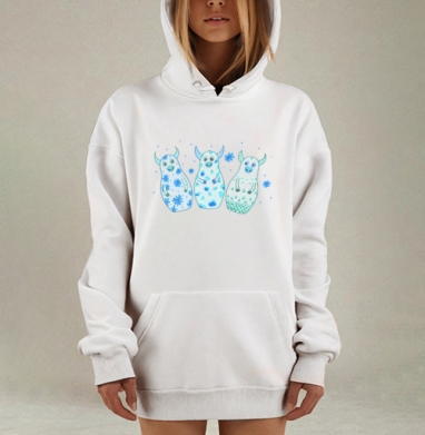 Три ласковых новогодних существа в холодных тонах зимних вечеров, Hoodie Mjhigh Dig, оверсайз, утепленная