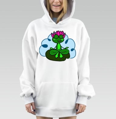 Медитирующая зелёная лягушка на листе кувшинки, Hoodie Mjhigh Dig, оверсайз, утепленная
