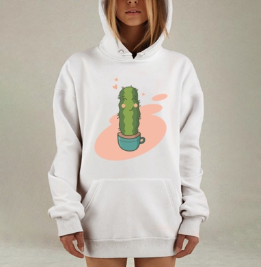 Милый кактус в голубой кружке дарит любовь, Hoodie Mjhigh Dig, оверсайз, утепленная
