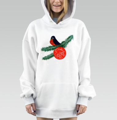 Птичка на ветке с шаром с новым годом шаром, Hoodie Mjhigh Dig, оверсайз, утепленная
