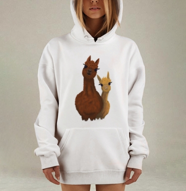 Альпака с детенышем коричневая светло бежевая ярко фиолетовые глаза, Hoodie Mjhigh Dig, оверсайз, утепленная