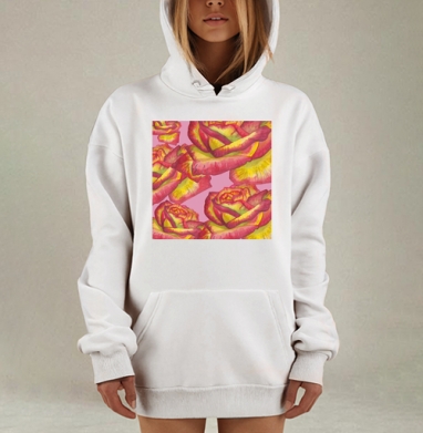 Яркие Желто Розовые Акварельные Розы на Розовом фоне, Hoodie Mjhigh Dig, оверсайз, утепленная