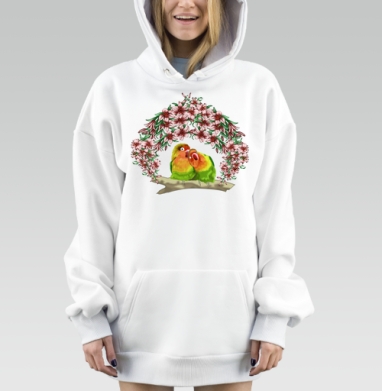 Нежность попугаев среди розовых лилий на ветке, Hoodie Mjhigh Dig, оверсайз, утепленная