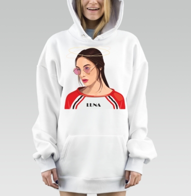 Модная девушка в очках Луна на красной кофте, Hoodie Mjhigh Dig, оверсайз, утепленная