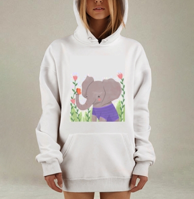 Милый серый слоненок с бабочкой и цветами вокруг, Hoodie Mjhigh Dig, оверсайз, утепленная