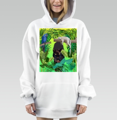 День в джунглях с лемуром попугаем и пантерой, Hoodie Mjhigh Dig, оверсайз, утепленная