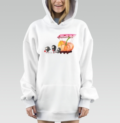 Ёжики в сапогах перевозят оранжевую тыкву осенние следы, Hoodie Mjhigh Dig, оверсайз, утепленная