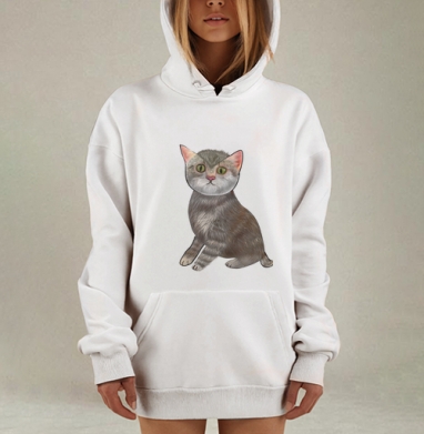 Котенок испуганный сидит задумчиво в ожидании, Hoodie Mjhigh Dig, оверсайз, утепленная