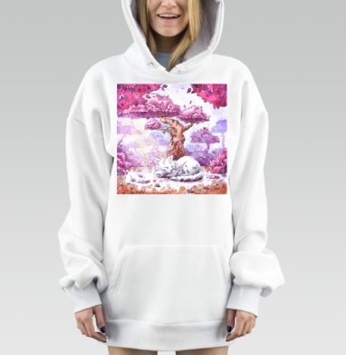 Весенняя кошка под сакурой с розовой листвой и лепестками, Hoodie Mjhigh Dig, оверсайз, утепленная