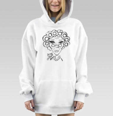 Злая бабушка с бигудями и котом на сером фоне, Hoodie Mjhigh Dig, оверсайз, утепленная