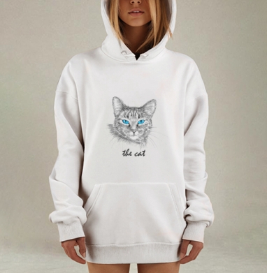 Загадочный взгляд кошки с яркими голубыми глазами, Hoodie Mjhigh Dig, оверсайз, утепленная