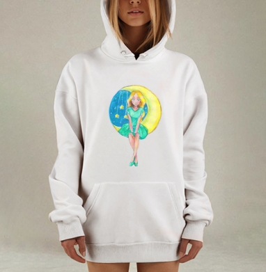 Мечтательная девушка на желтом полумесяце, Hoodie Mjhigh Dig, оверсайз, утепленная