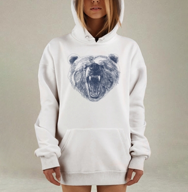 Мощный штриховой рисунок головы рычащего медведя, Hoodie Mjhigh Dig, оверсайз, утепленная