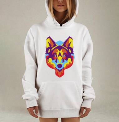 Геометрическая голова волка в ярких цветах, Hoodie Mjhigh Dig, оверсайз, утепленная