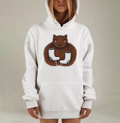 Медведь с вязанными белыми сапогами, Hoodie Mjhigh Dig, оверсайз, утепленная