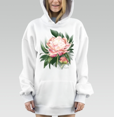 Нежные пионы в насыщенных зелёных листьях, Hoodie Mjhigh Dig, оверсайз, утепленная