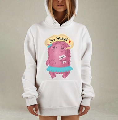 Розовый милый монстрик обнимает белого медвежонка наушты, Hoodie Mjhigh Dig, оверсайз, утепленная