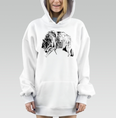 Детализированный карандашный рисунок волка, Hoodie Mjhigh Dig, оверсайз, утепленная