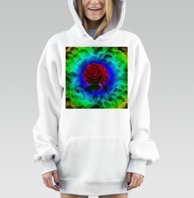 Красная роза в сиянии цветных кругов в сиянии цветных кругов, Hoodie Mjhigh Dig, оверсайз, утепленная
