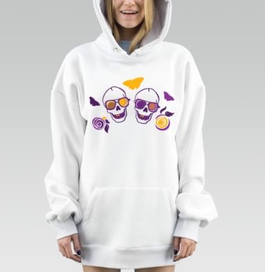 Два черепа в очках с бабочками и цветами дружные черепа, Hoodie Mjhigh Dig, оверсайз, утепленная
