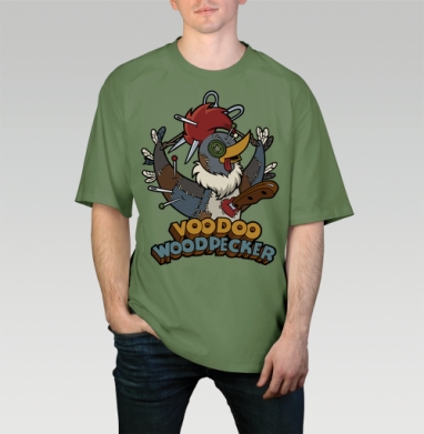 Voodoo Woodpecker Вуду дятел мультяшная стилизованная иллюстрация, Футболка мужская оверсайз оливковая