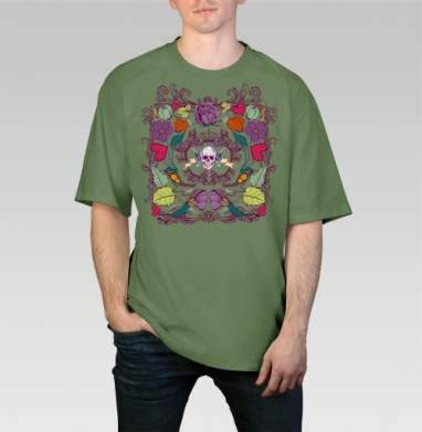 Skull in flowers / Череп в цветах, Футболка мужская оверсайз оливковая