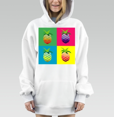 Яркие четырехцветные ананасы в поп арт стиле на зеленом розовом фоне, Hoodie Mjhigh Dig, оверсайз, утепленная