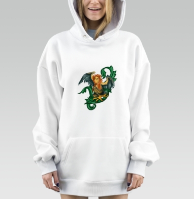 Мифологическое существо с зелеными листьями и крыльями, Hoodie Mjhigh Dig, оверсайз, утепленная