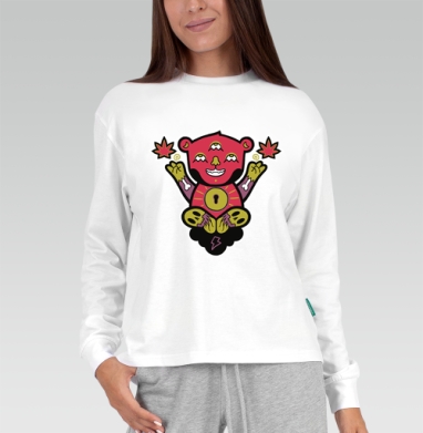 Медведь с символами тайны и листьями марихуаны красный зелёный чёрный, Футболка лонгслив женская белая