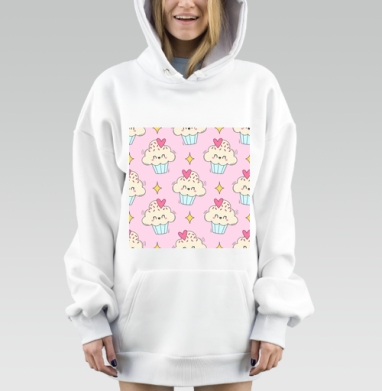 Милый влюбленный кексик с сердечками на розовом фоне, Hoodie Mjhigh Dig, оверсайз, утепленная