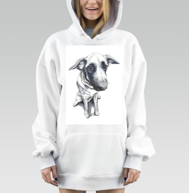 Выразительный взгляд собаки на белом фоне, Hoodie Mjhigh Dig, оверсайз, утепленная