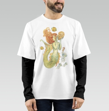 Русалки в нежных пастельных тонах с медузами под водой активностью, Футболка мужская лонгслив OneOne