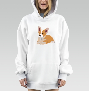 Корги с золотистыми косточками на белом фоне, Hoodie Mjhigh Dig, оверсайз, утепленная