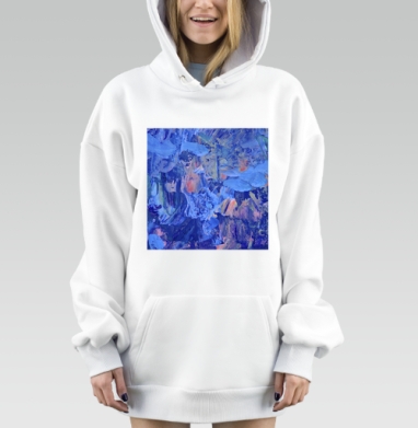 Холодные синие оттенки с персиковыми мазками живопись цветов, Hoodie Mjhigh Dig, оверсайз, утепленная