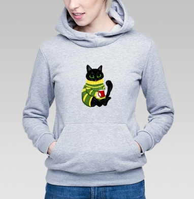 Чёрный кот в зелёном свитере с чашкой чашкой чашкой, Толстовка Женская серый меланж 340гр, утепленная
