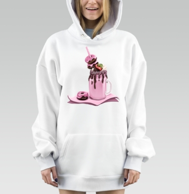 Розовый коктейль с шоколадным пончиком и клубникой на столе, Hoodie Mjhigh Dig, оверсайз, утепленная