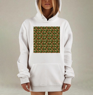Красные мухоморы на зеленом фоне для уютных моментов, Hoodie Mjhigh Dig, оверсайз, утепленная