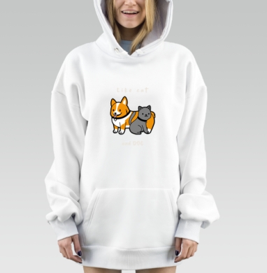 Дружба кота и собаки в забавной минималистичной сцене, Hoodie Mjhigh Dig, оверсайз, утепленная