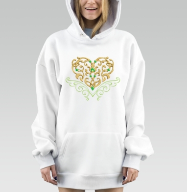 Золотое сердце с изящными зелеными узорами и камнями, Hoodie Mjhigh Dig, оверсайз, утепленная