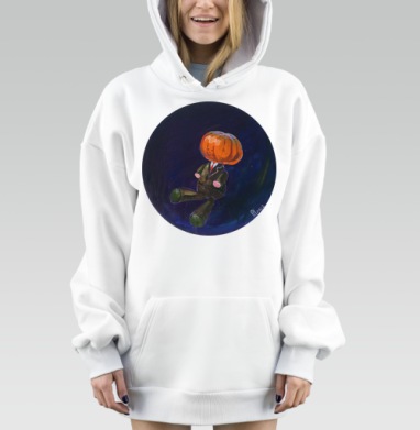 Счастливая тыква в костюме парит в глубокой синей ночи, Hoodie Mjhigh Dig, оверсайз, утепленная