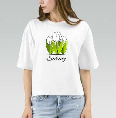 Белые тюльпаны и зелёные листья весна надпись Spring, Футболка женская оверсайз Mido