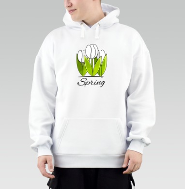 Белые тюльпаны и зелёные листья весна надпись Spring, Толстовка Mjhigh, утепленная