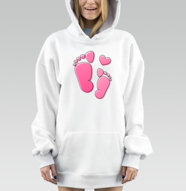 Розовые детские следы с сердцем на сером фоне, Hoodie Mjhigh Dig, оверсайз, утепленная