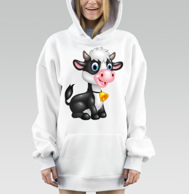 Веселая мультяшная корова с колокольчиком сидит, Hoodie Mjhigh Dig, оверсайз, утепленная