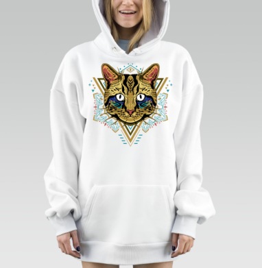 Голова дикой кошки с мистическими символами перед лицом, Hoodie Mjhigh Dig, оверсайз, утепленная