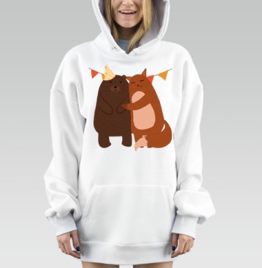 Коричневый медведь и рыжая лиса обнимаются, Hoodie Mjhigh Dig, оверсайз, утепленная