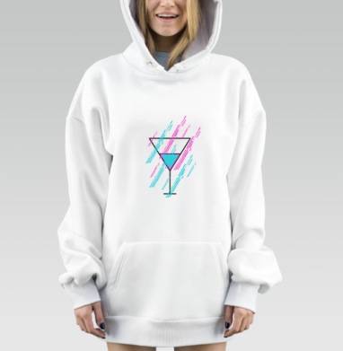 Голубой Розовый Бокал Мартини на Светло Сером фоне, Hoodie Mjhigh Dig, оверсайз, утепленная
