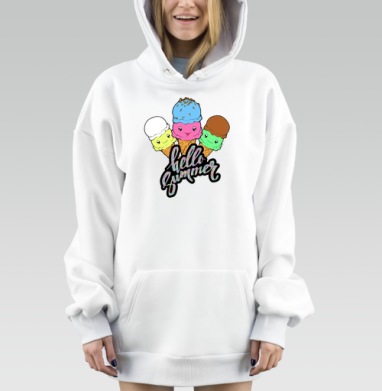 Весёлое мороженое на летнем фоне hello summer, Hoodie Mjhigh Dig, оверсайз, утепленная